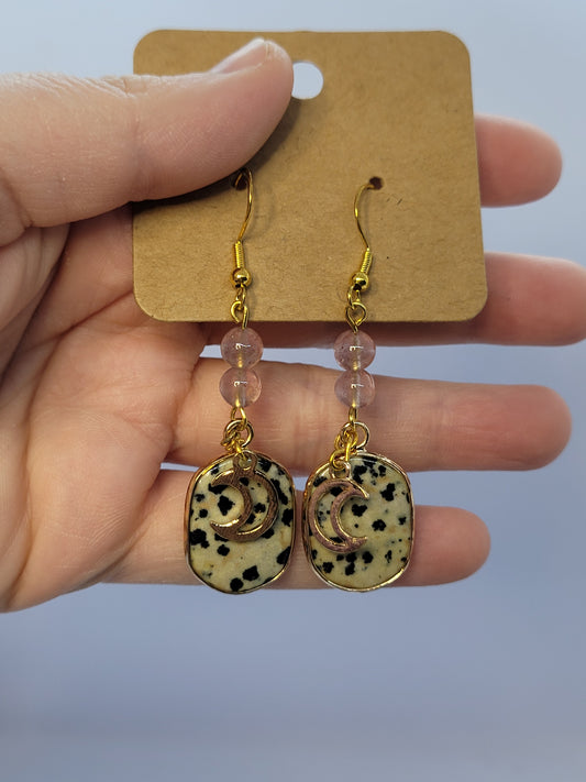 Dalmation Jasper/ Strawberry Quartz earrings - Gold